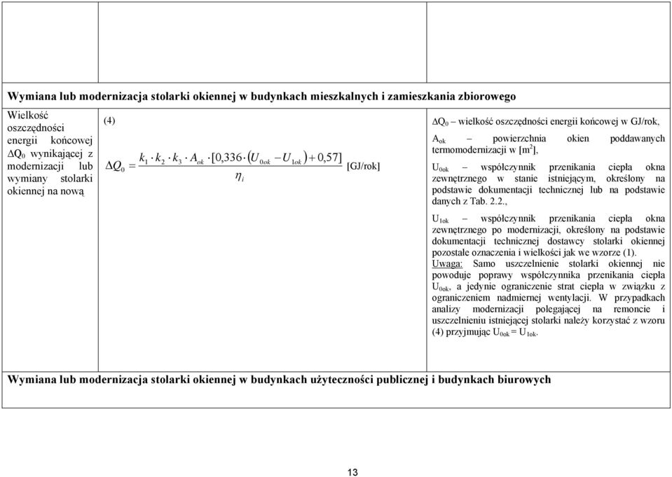 współczynnik przenikania ciepła okna zewnętrznego w stanie istniejącym, określony na podstawie dokumentacji technicznej lub na podstawie danych z Tab. 2.