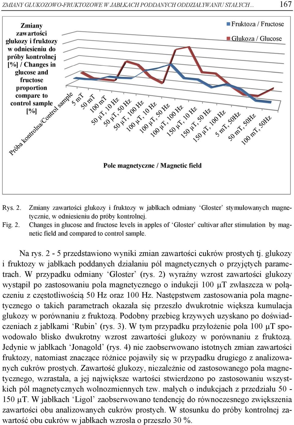 Fig. 2. Zmiany zawartości glukozy i fruktozy w jabłkach odmiany Gloster stymulowanych magnetycznie, w odniesieniu do próby kontrolnej.