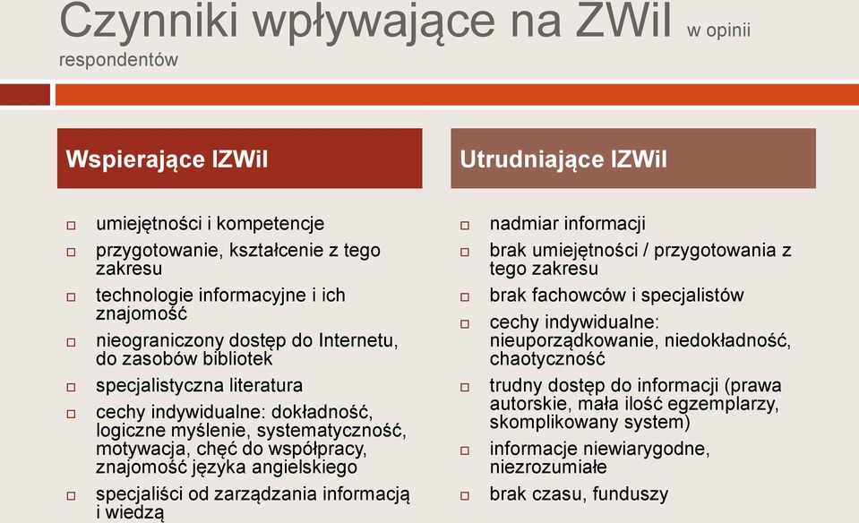 znajomość języka angielskiego specjaliści od zarządzania informacją i wiedzą nadmiar informacji brak umiejętności / przygotowania z tego zakresu brak fachowców i specjalistów cechy