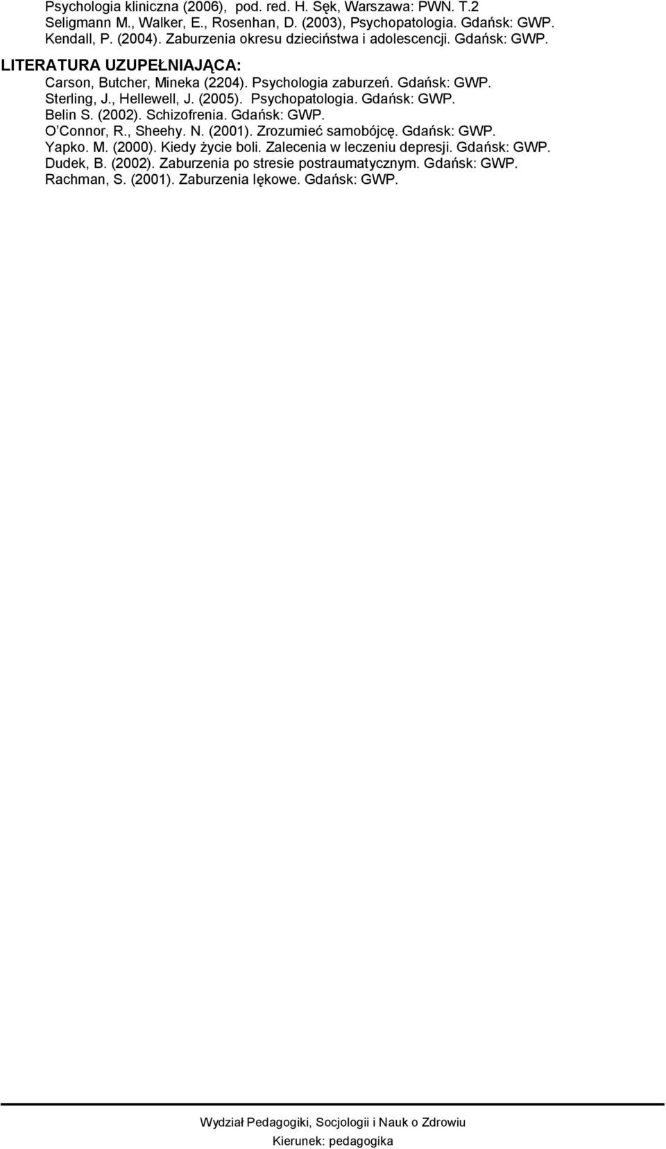 , Hellewell, J. (2005). Psychopatologia. Gdańsk: GWP. Belin S. (2002). Schizofrenia. Gdańsk: GWP. O Connor, R., Sheehy. N. (2001). Zrozumieć samobójcę. Gdańsk: GWP. Yapko. M.