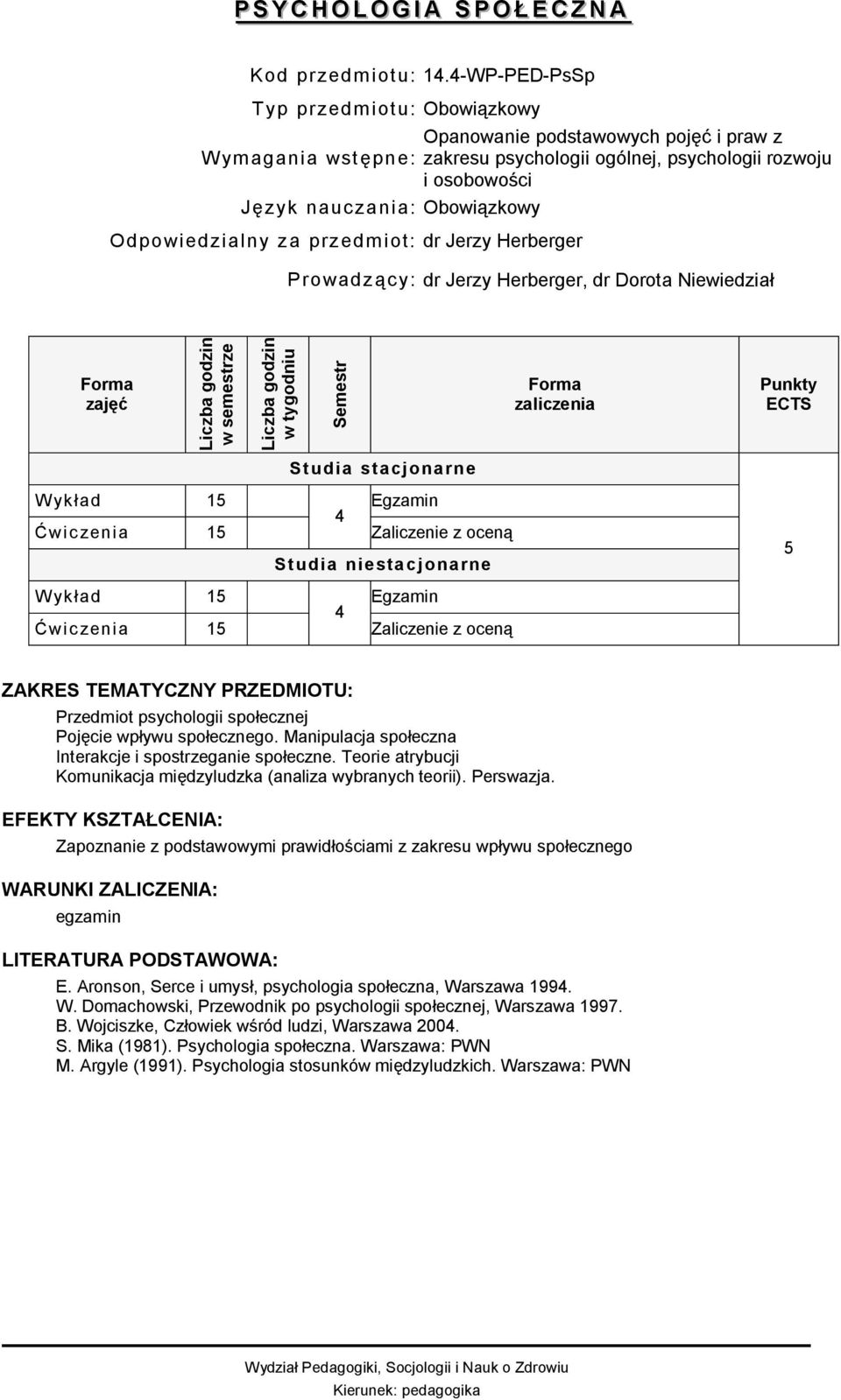 Odpowiedzialny za przedmiot: dr Jerzy Herberger Prowadzący: dr Jerzy Herberger, dr Dorota Niewiedział Wykład 15 Egzamin 4 Ćwiczenia 15 Zaliczenie z oceną Wykład 15 Egzamin 4 Ćwiczenia 15 Zaliczenie z