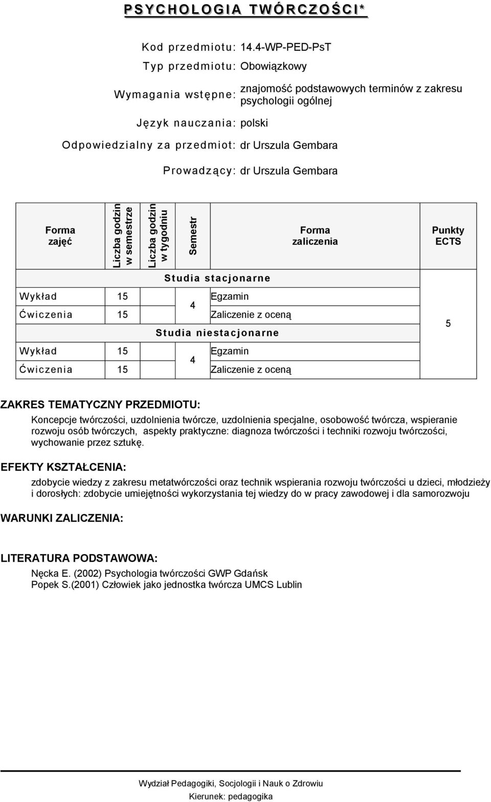 Gembara Wykład 15 Egzamin 4 Ćwiczenia 15 Zaliczenie z oceną Wykład 15 Egzamin 4 Ćwiczenia 15 Zaliczenie z oceną 5 Koncepcje twórczości, uzdolnienia twórcze, uzdolnienia specjalne, osobowość twórcza,