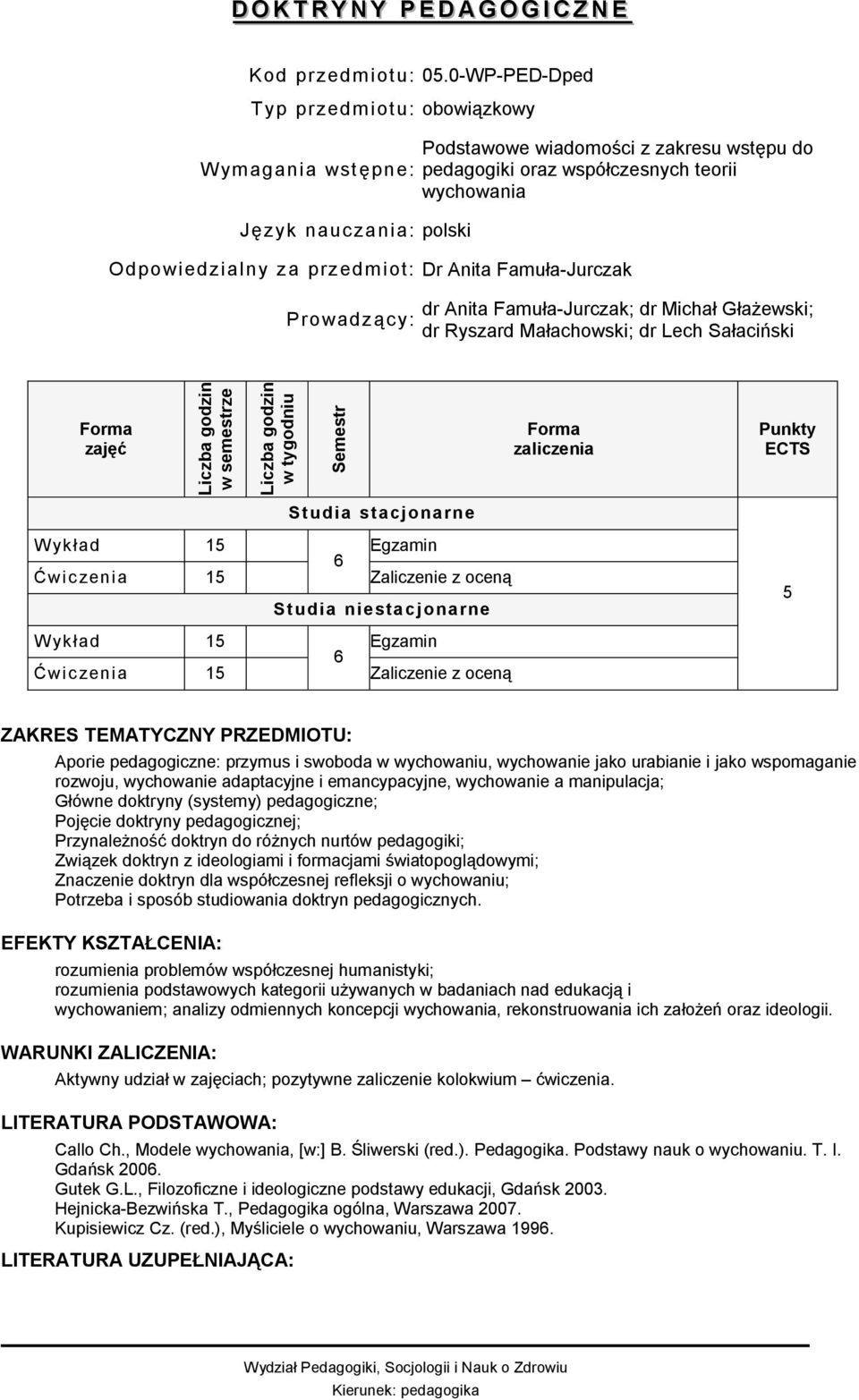 Famuła-Jurczak; dr Michał Głażewski; dr Ryszard Małachowski; dr Lech Sałaciński Wykład 15 Egzamin 6 Ćwiczenia 15 Zaliczenie z oceną Wykład 15 Egzamin 6 Ćwiczenia 15 Zaliczenie z oceną 5 Aporie