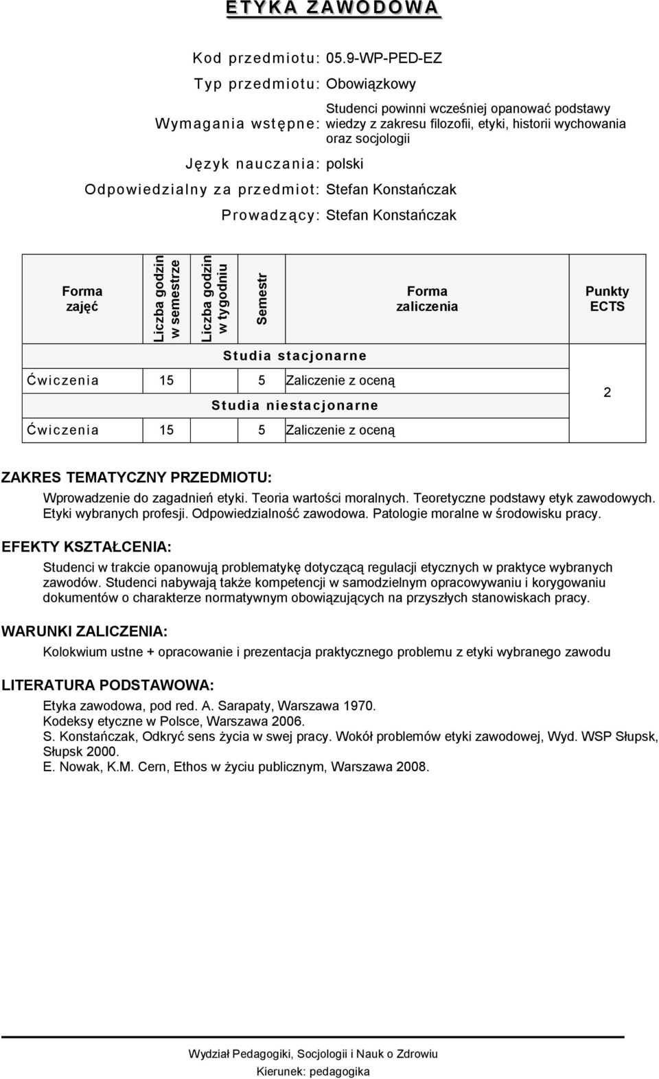wychowania oraz socjologii Prowadzący: Stefan Konstańczak Ćwiczenia 15 5 Zaliczenie z oceną 2 Ćwiczenia 15 5 Zaliczenie z oceną Wprowadzenie do zagadnień etyki. Teoria wartości moralnych.