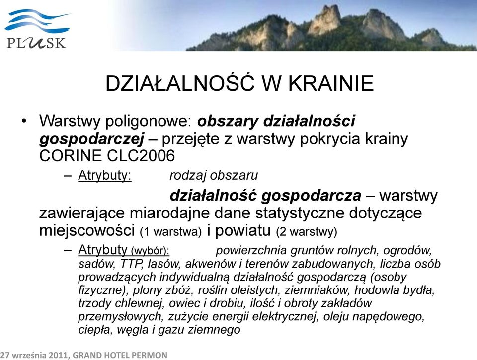 ogrodów, sadów, TTP, lasów, akwenów i terenów zabudowanych, liczba osób prowadzących indywidualną działalność gospodarczą (osoby fizyczne), plony zbóż, roślin