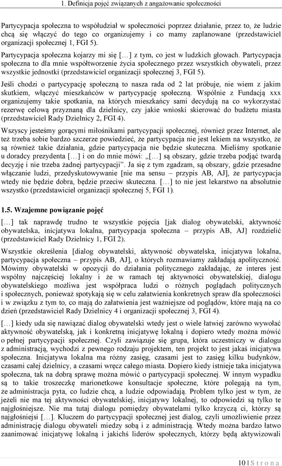 Partycypacja społeczna to dla mnie współtworzenie życia społecznego przez wszystkich obywateli, przez wszystkie jednostki (przedstawiciel organizacji społecznej 3, FGI 5).