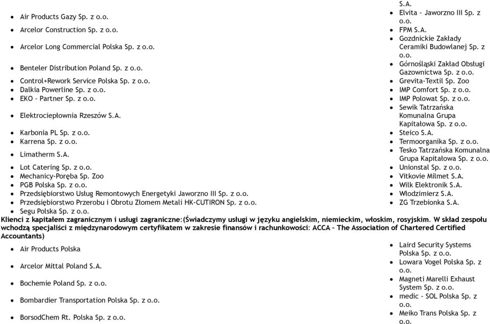 z IMP Polowat Sp. z Elektrociepłownia Rzeszów S.A. Sewik Tatrzańska Komunalna Grupa Kapitałowa Sp. z Karbonia PL Sp. z Steico S.A. Karrena Sp. z Termoorganika Sp.