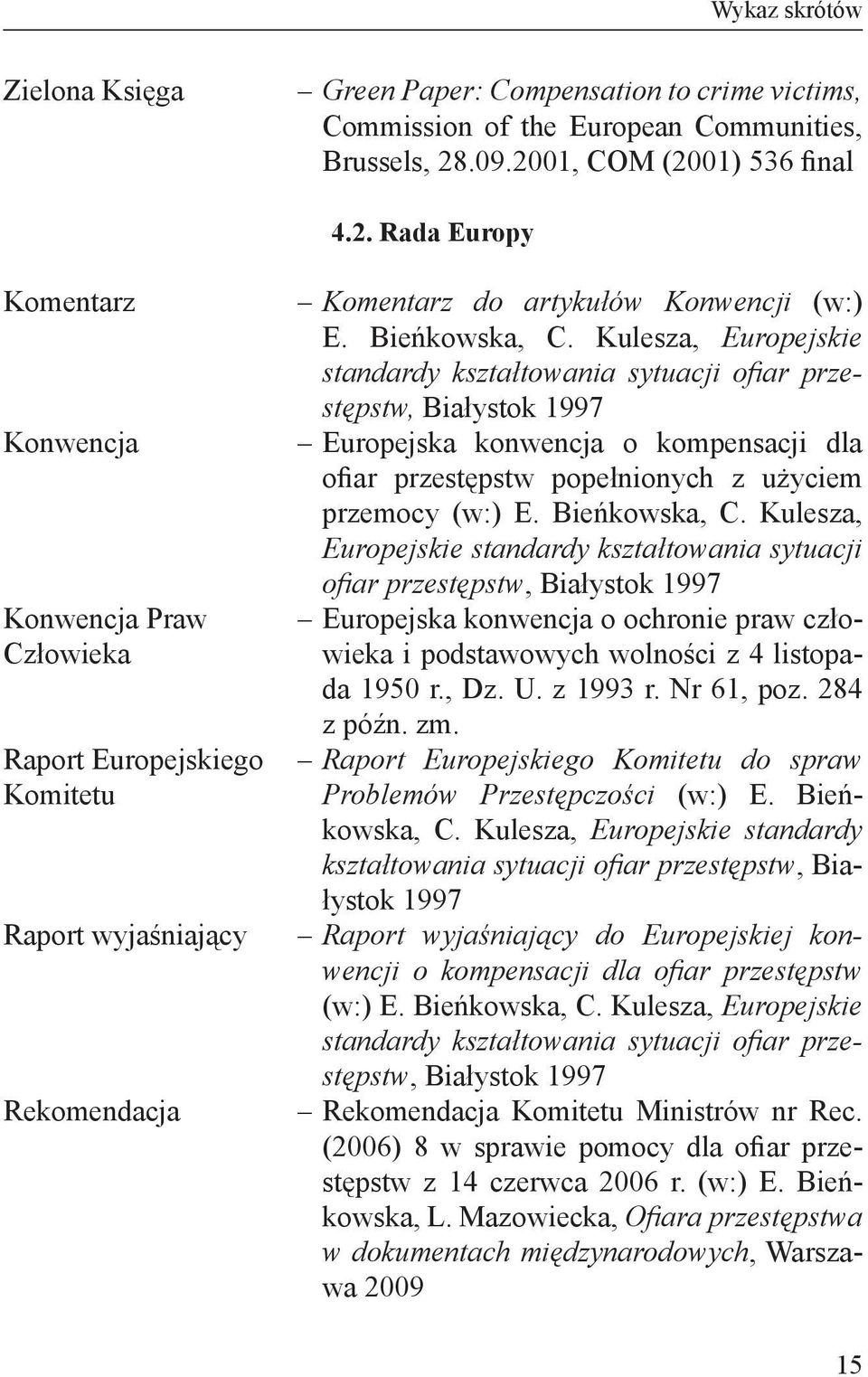 Bieńkowska, C. Kulesza, Europejskie standardy kształtowania sytuacji ofiar przestępstw, Białystok 1997 Europejska konwencja o kompensacji dla ofiar przestępstw popełnionych z użyciem przemocy (w:) E.