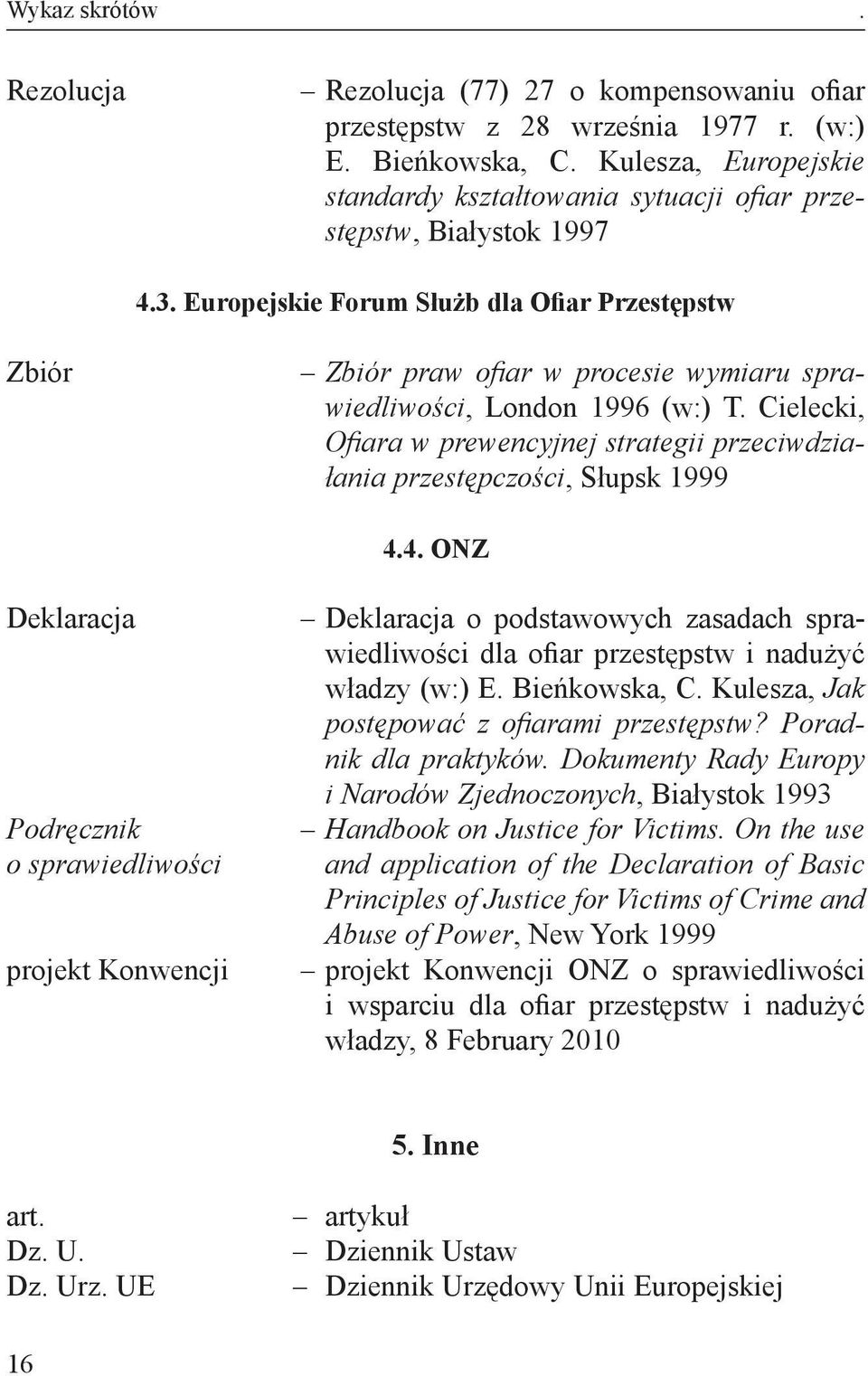 Europejskie Forum Służb dla Ofiar Przestępstw Zbiór Zbiór praw ofiar w procesie wymiaru sprawiedliwości, London 1996 (w:) T.