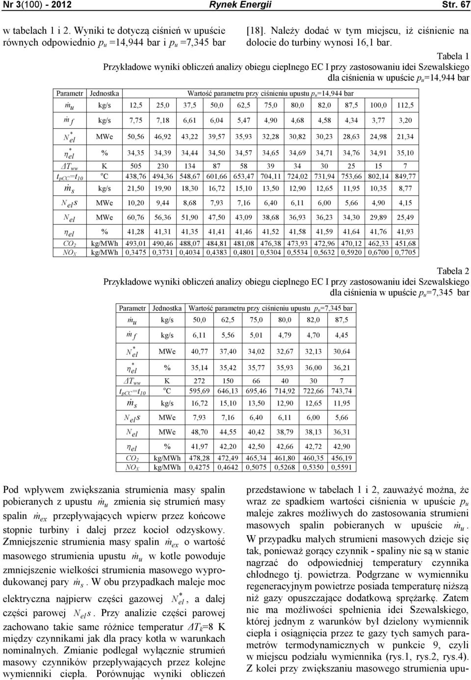 Taba 1 Przykładowe wyniki obliczeń analizy obiegu cieplnego EC I przy zastosowaniu idei Szewalskiego dla ciśnienia w upuście p u =14,944 bar Parametr Jednostka Wartość parametru przy ciśnieniu upustu