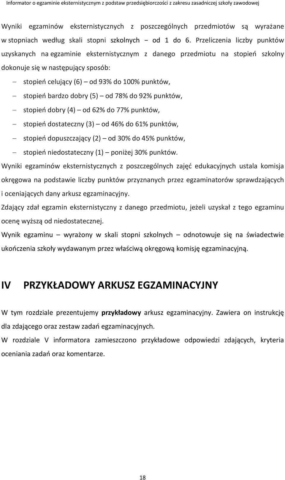 bardzo dobry (5) od 78% do 92% punktów, stopień dobry (4) od 62% do 77% punktów, stopień dostateczny (3) od 46% do 61% punktów, stopień dopuszczający (2) od 30% do 45% punktów, stopień niedostateczny