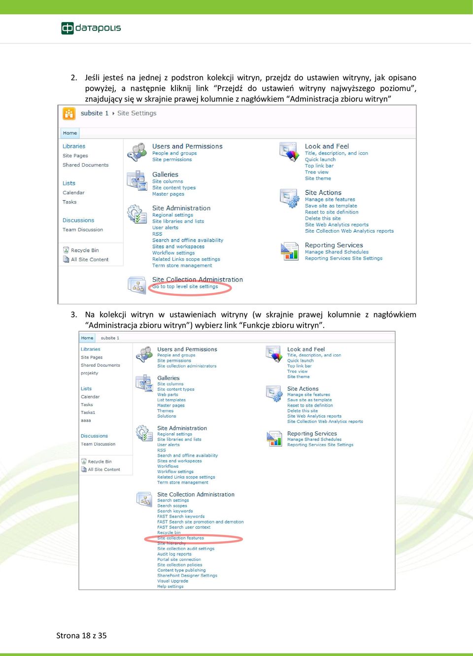 kolumnie z nagłówkiem Administracja zbioru witryn 3.