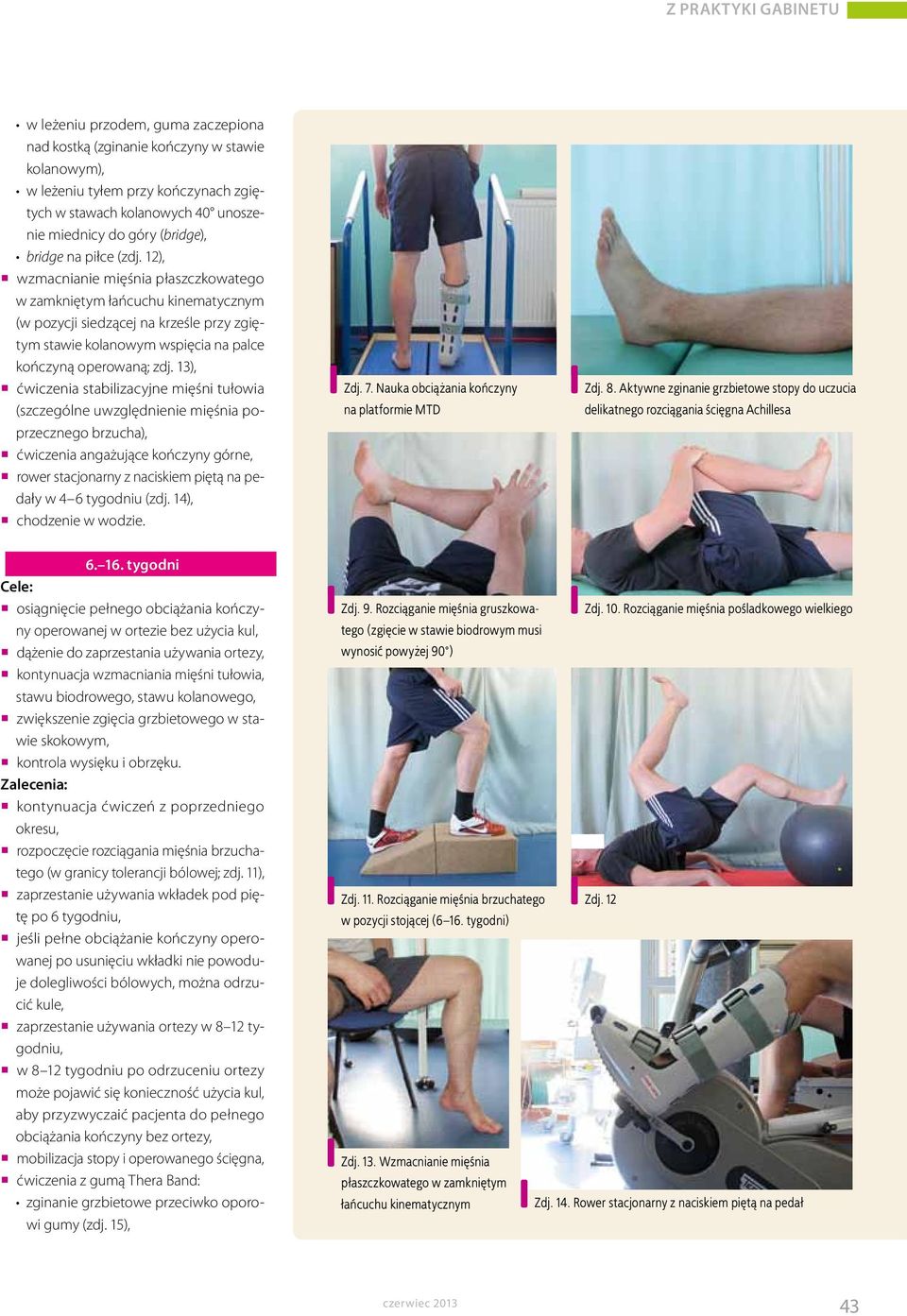 13), ćwiczenia stabilizacyjne mięśni tułowia (szczególne uwzględnienie mięśnia poprzecznego brzucha), ćwiczenia angażujące kończyny górne, rower stacjonarny z naciskiem piętą na pedały w 4 6 tygodniu