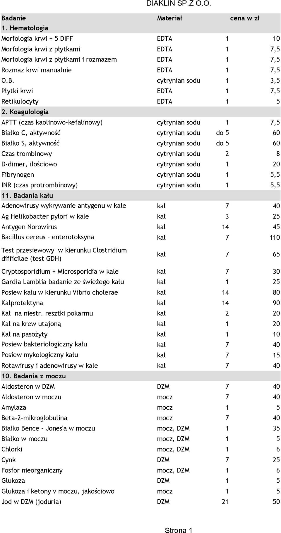 Koagulologia APTT (czas kaolinowo-kefalinowy) cytrynian sodu 1 7,5 Białko C, aktywność cytrynian sodu do 5 60 Białko S, aktywność cytrynian sodu do 5 60 Czas trombinowy cytrynian sodu 2 8 D-dimer,