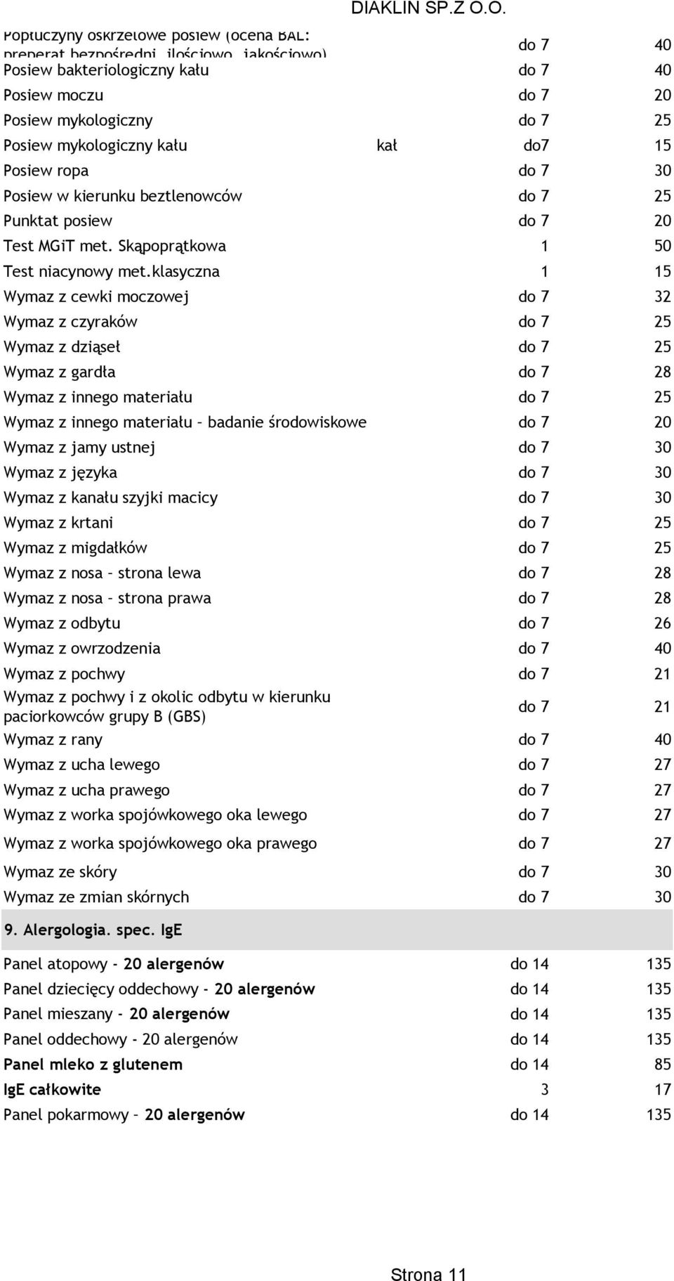 klasyczna 1 15 Wymaz z cewki moczowej do 7 32 Wymaz z czyraków do 7 25 Wymaz z dziąseł do 7 25 Wymaz z gardła do 7 28 Wymaz z innego materiału do 7 25 Wymaz z innego materiału badanie środowiskowe do