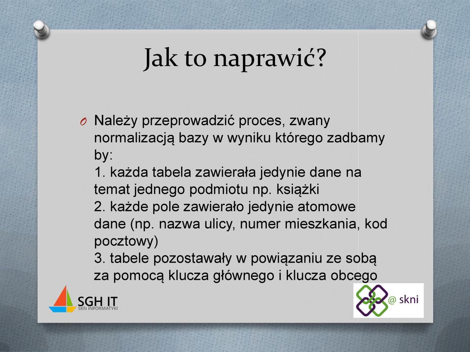 każda tabela zawierała jedynie dane na temat jednego podmiotu np. książki 2.