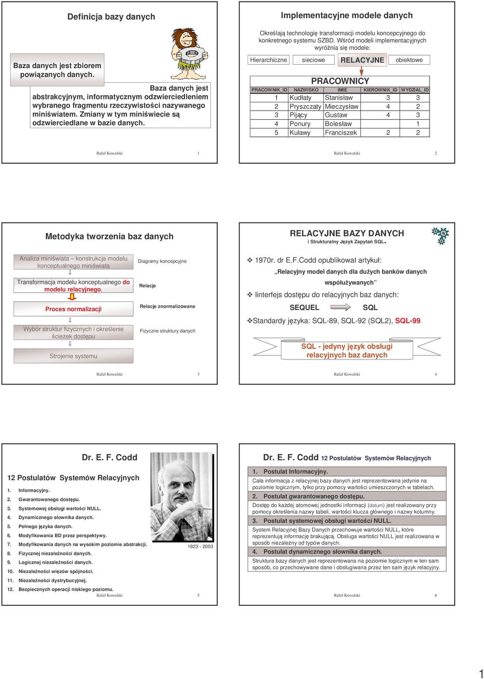 Baza danych jest abstrakcyjnym informatycznym odzwierciedleniem wybranego fragmentu rzeczywistoci nazywanego miniwiatem. Zmiany w tym miniwiecie s odzwierciedlane w bazie danych.