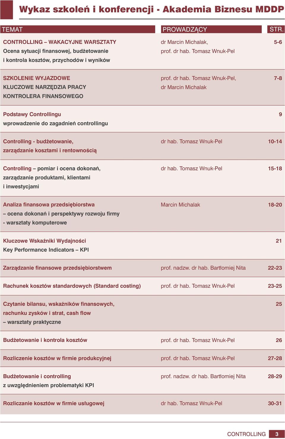 Tomasz Wnuk-Pel, dr Marcin Michalak 7-8 Podstawy Controllingu wprowadzenie do zagadnień controllingu 9 Controlling - budżetowanie, zarządzanie kosztami i rentownością dr hab.