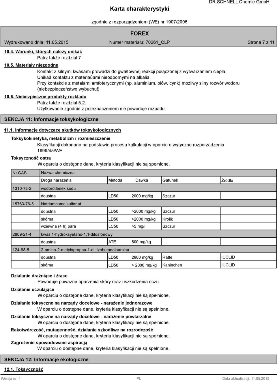 Niebezpieczne produkty rozkładu Patrz także rozdział 5.2. Użytkowanie zgodnie z przeznaczeniem nie powoduje rozpadu. SEKCJA 11