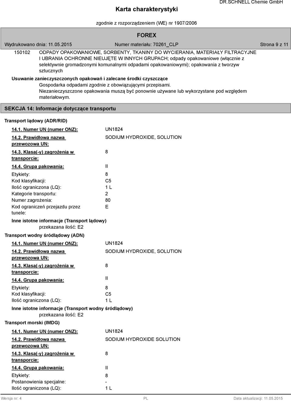 Niezanieczyszczone opakowania muszą być ponownie używane lub wykorzystane pod względem materiałowym. SEKCJA 14: Informacje dotyczące transportu Transport lądowy (ADR/RID) 14.1. Numer UN (numer ONZ): UN124 14.