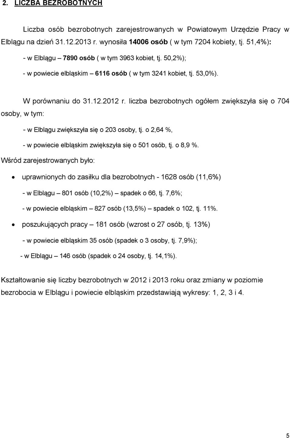 liczba bezrobotnych ogółem zwiększyła się o 704 osoby, w tym: - w Elblągu zwiększyła się o 203 osoby, tj. o 2,64 %, - w powiecie elbląskim zwiększyła się o 501 osób, tj. o 8,9 %.