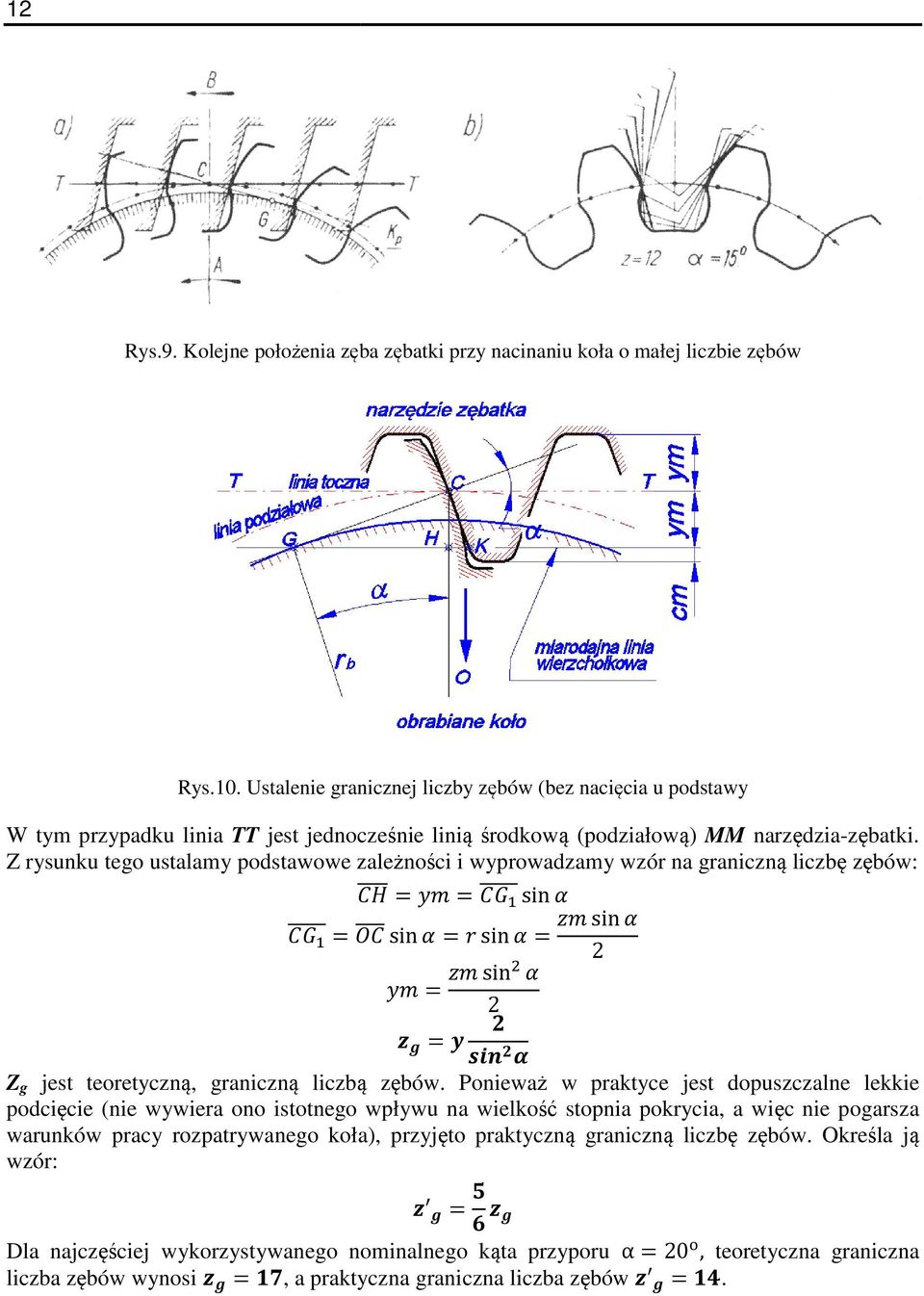 Z rysunku tego ustalamy podstawowe zależności i wyprowadzamy wzór na graniczną liczbę zębów: sin sin = sin = sin 2 sin 2 Z g jest teoretyczną, graniczną liczbą zębów.