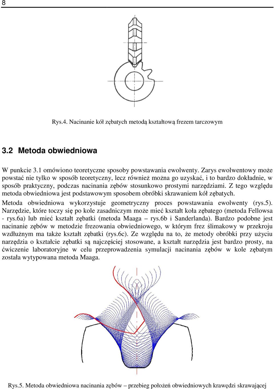 Z tego względu metoda obwiedniowa jest podstawowym sposobem obróbki skrawaniem kół zębatych. Metoda obwiedniowa wykorzystuje geometryczny proces powstawania ewolwenty (rys.5).