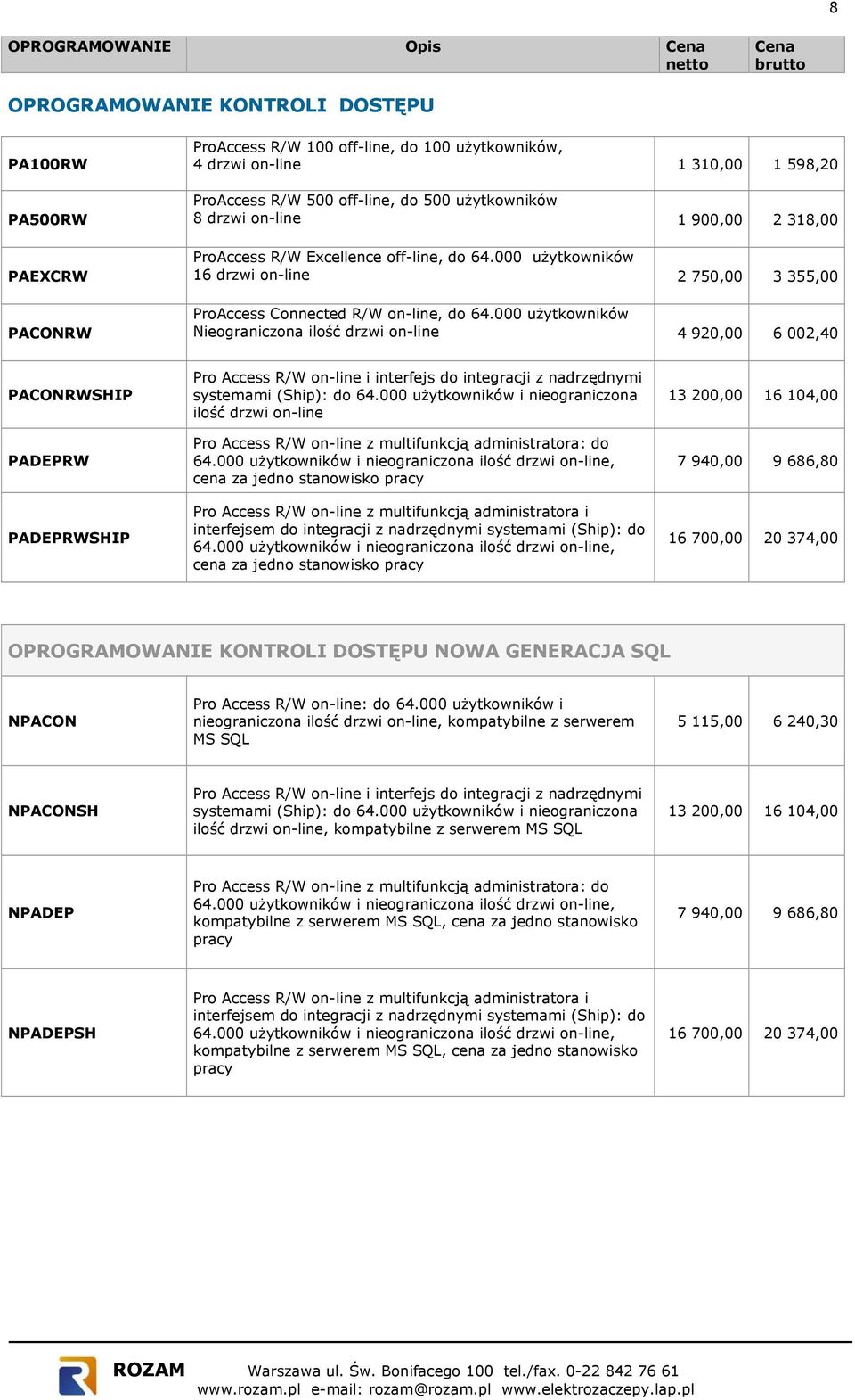 000 użytkowników Nieograniczona ilość drzwi on-line 4 920,00 6 002,40 PACONRWSHIP PADEPRW PADEPRWSHIP Pro Access R/W on-line i interfejs do integracji z nadrzędnymi systemami (Ship): do 64.