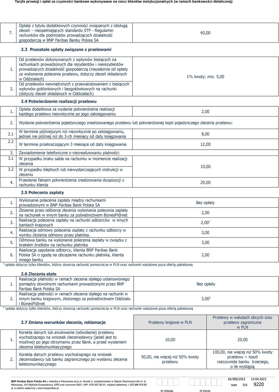 od opłaty za wykonanie polecenia przelewu, dotyczy zleceń składanych w Oddziałach) Od przelewów wewnętrznych z przewalutowaniem z bieżących wpływów gotówkowych i bezgotówkowych na rachunki (dotyczy