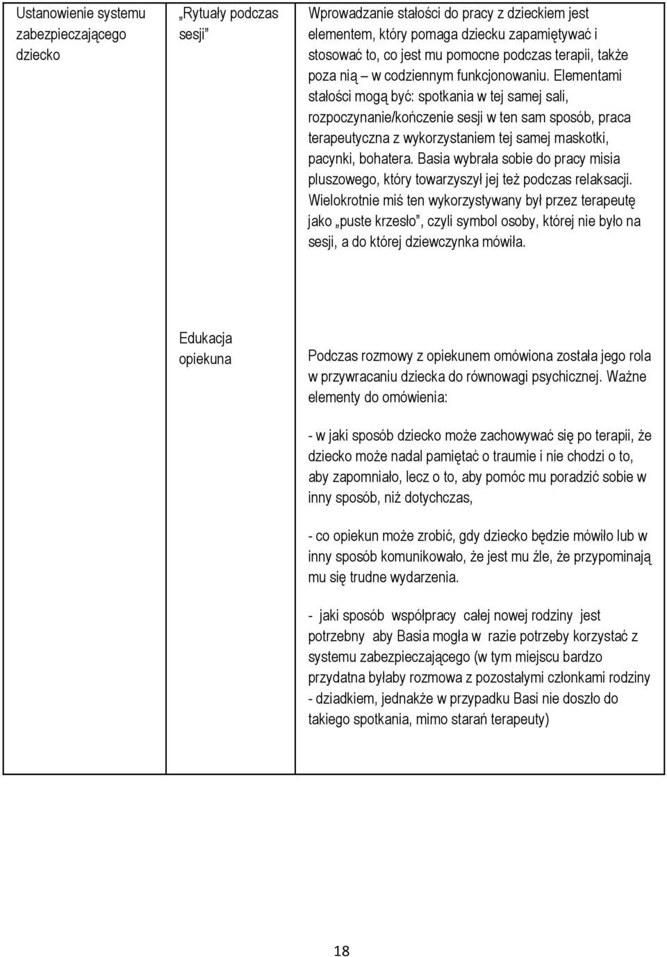 Elementami stałości mogą być: spotkania w tej samej sali, rozpoczynanie/kończenie sesji w ten sam sposób, praca terapeutyczna z wykorzystaniem tej samej maskotki, pacynki, bohatera.