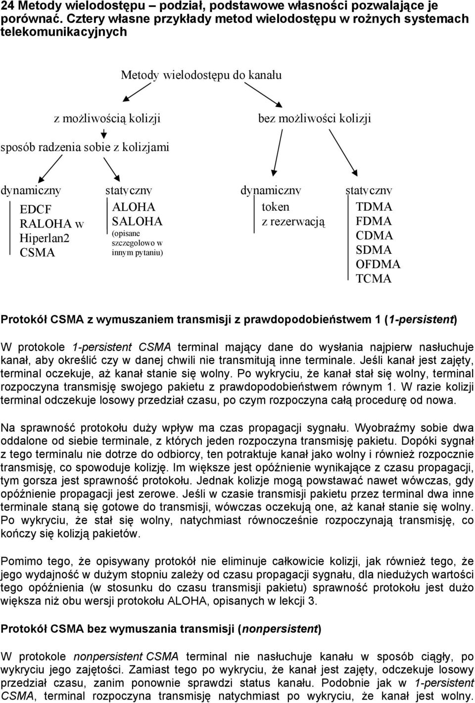 dynamiczny statyczny dynamiczny statyczny EDCF ALOHA token TDMA RALOHA w SALOHA z rezerwacją FDMA (opisane Hiperlan2 CDMA szczegolowo w CSMA innym pytaniu) SDMA OFDMA TCMA Protokół CSMA z wymuszaniem