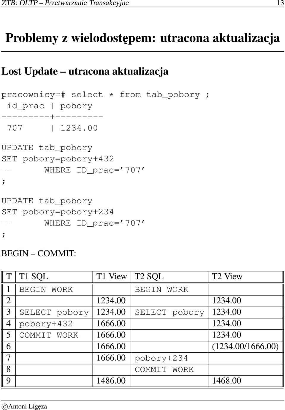 00 UPDATE tab_pobory SET pobory=pobory+432 -- WHERE ID_prac= 707 ; UPDATE tab_pobory SET pobory=pobory+234 -- WHERE ID_prac= 707 ; BEGIN COMMIT: T T1