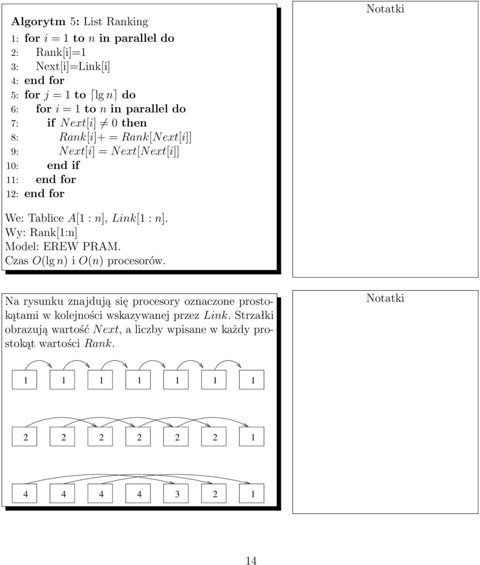 Link[1 : n]. Wy: Rank[1:n] Model: EREW PRAM. Czas O(lg n) i O(n) procesorów.