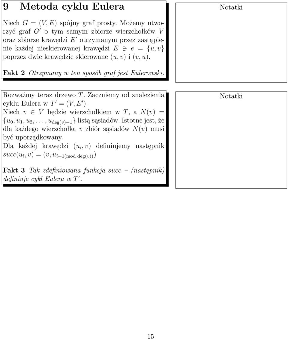 skierowane (u, v) i (v, u). Fakt 2 Otrzymany w ten sposób graf jest Eulerowski. Rozważmy teraz drzewo T. Zaczniemy od znalezienia cyklu Eulera w T = (V, E ).