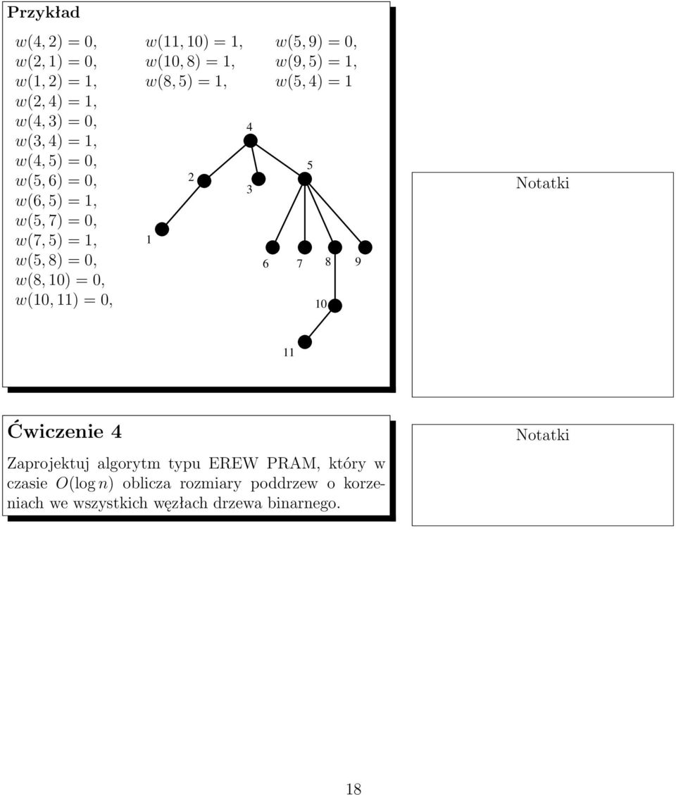 w(8, 5) = 1, 1 2 4 3 w(5, 9) = 0, w(9, 5) = 1, w(5, 4) = 1 5 6 7 8 9 10 11 Ćwiczenie 4 Zaprojektuj algorytm typu