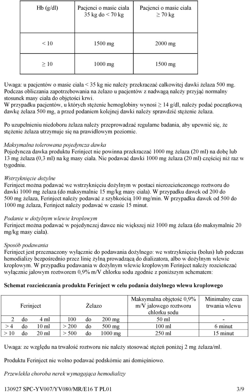 W przypadku pacjentów, u których stężenie hemoglobiny wynosi 14 g/dl, należy podać początkową dawkę żelaza 500 mg, a przed podaniem kolejnej dawki należy sprawdzić stężenie żelaza.