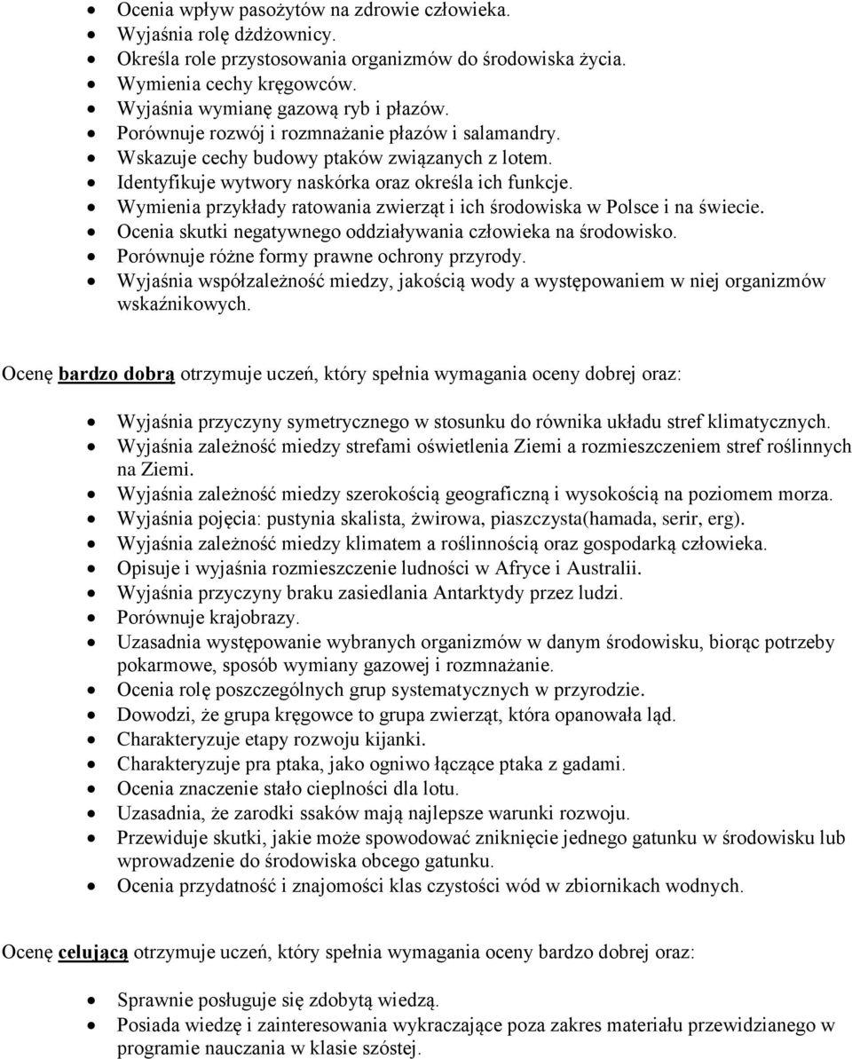 Wymienia przykłady ratowania zwierząt i ich środowiska w Polsce i na świecie. Ocenia skutki negatywnego oddziaływania człowieka na środowisko. Porównuje różne formy prawne ochrony przyrody.