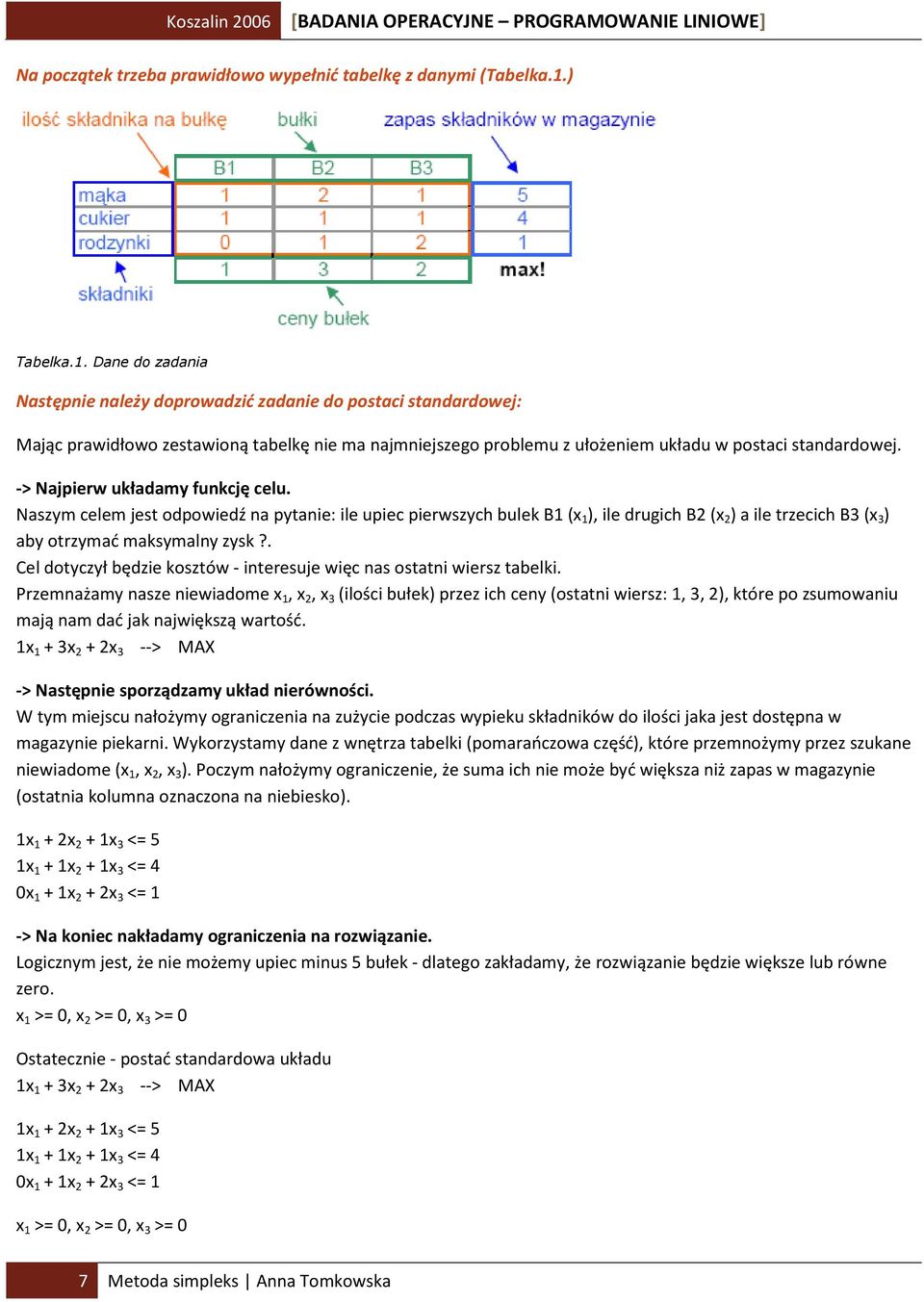 -> Najpierw układamy funkcję celu. Naszym celem jest odpowiedź na pytanie: ile upiec pierwszych bulek B1 (x 1 ), ile drugich B2 (x 2 ) a ile trzecich B3 (x 3 ) aby otrzymać maksymalny zysk?