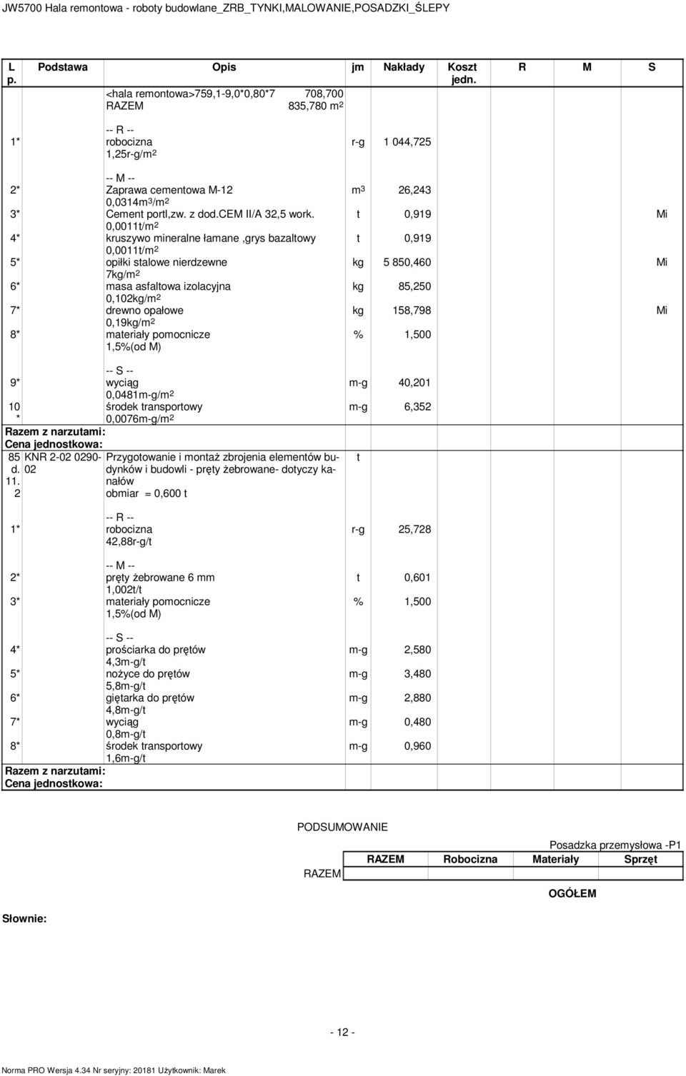 0,0011t/ 4* kruszywo mineralne łamane,grys bazaltowy 0,0011t/ 5* opiłki stalowe nierdzewne 7kg/ * masa asfaltowa izolacyjna 0,2kg/ 7* drewno opałowe 0,19kg/ 8* materiały pomocnicze m-g 40,201 9*