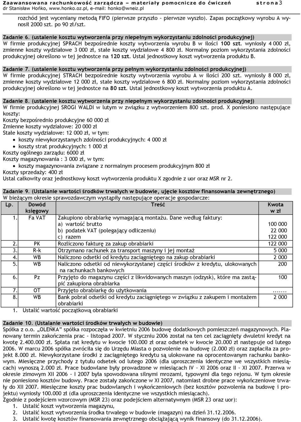 wyniosły 4 000 zł, zmienne koszty wydziałowe 3 000 zł, stałe koszty wydziałowe 4 800 zł. Normalny poziom wykorzystania zdolności produkcyjnej określono w tej jednostce na 120 szt.