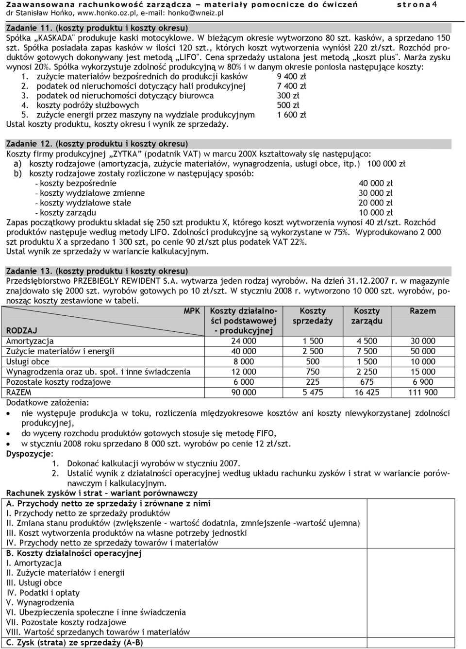 Rozchód produktów gotowych dokonywany jest metodą LIFO". Cena sprzedaży ustalona jest metodą koszt plus". Marża zysku wynosi 20%.