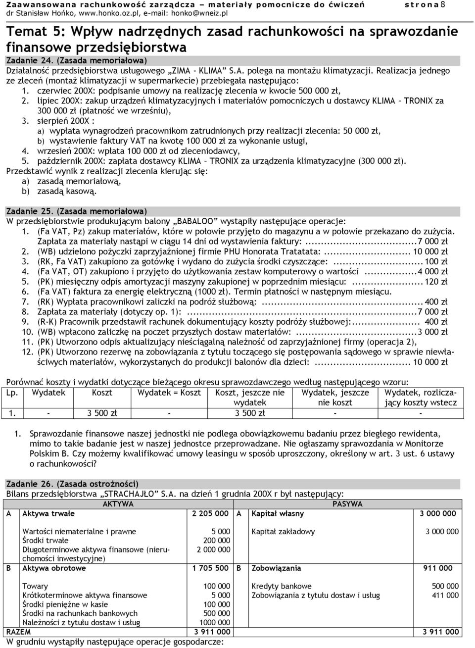 Realizacja jednego ze zleceń (montaż klimatyzacji w supermarkecie) przebiegała następująco: 1. czerwiec 200X: podpisanie umowy na realizację zlecenia w kwocie 500 000 zł, 2.