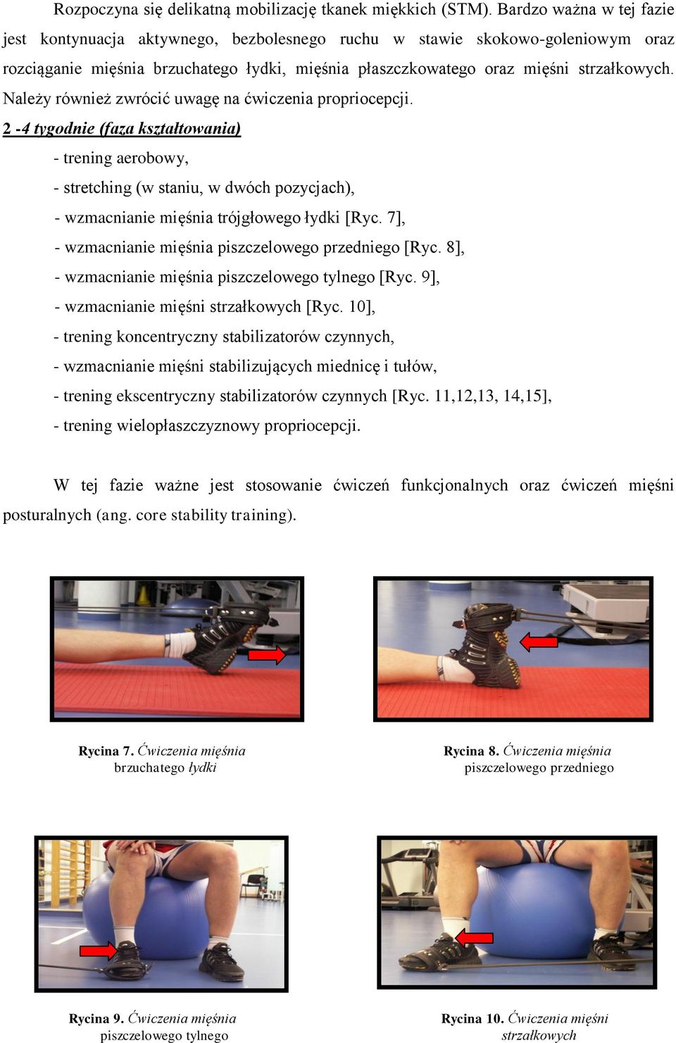 Należy również zwrócić uwagę na ćwiczenia propriocepcji. 2-4 tygodnie (faza kształtowania) - trening aerobowy, - stretching (w staniu, w dwóch pozycjach), - wzmacnianie mięśnia trójgłowego łydki [Ryc.