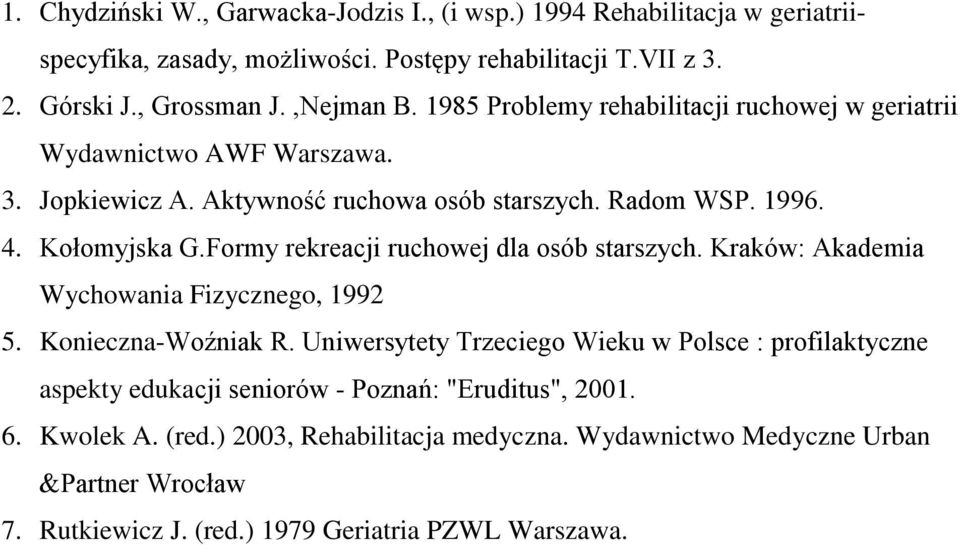 Formy rekreacji ruchowej dla osób starszych. Kraków: Akademia Wychowania Fizycznego, 1992 5. Konieczna-Woźniak R.