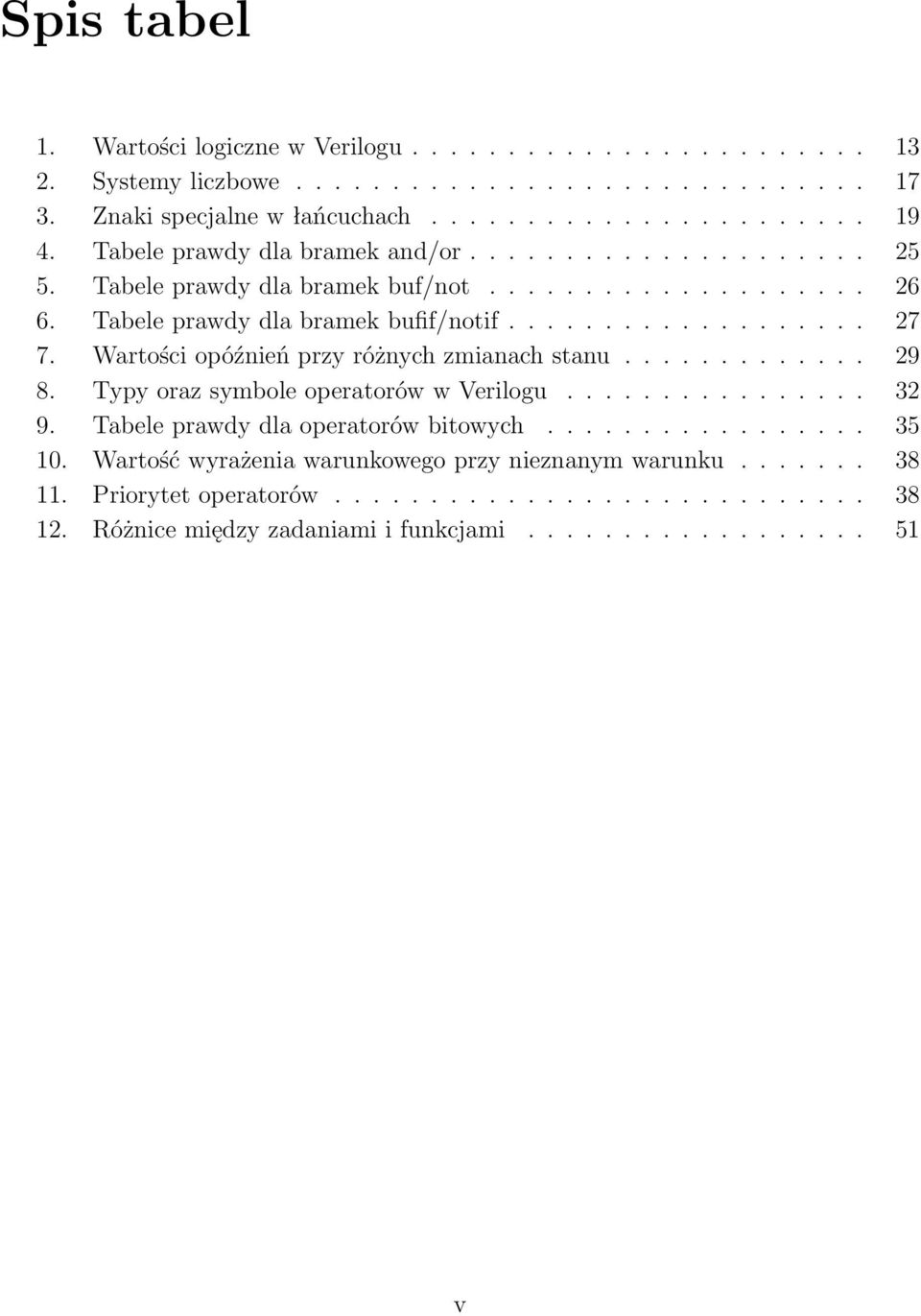 Wartości opóźnień przy różnych zmianach stanu............. 29 8. Typy oraz symbole operatorów w Verilogu................ 32 9. Tabele prawdy dla operatorów bitowych................. 35 10.