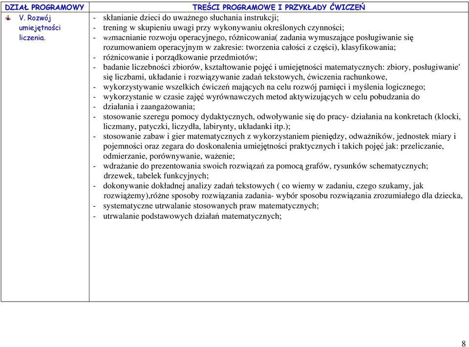 różnicowania( zadania wymuszające posługiwanie się rozumowaniem operacyjnym w zakresie: tworzenia całości z części), klasyfikowania; - różnicowanie i porządkowanie przedmiotów; - badanie liczebności