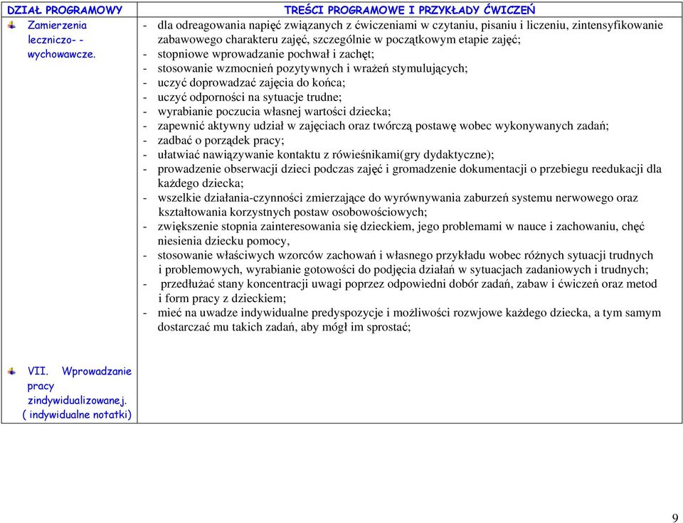 etapie zajęć; - stopniowe wprowadzanie pochwał i zachęt; - stosowanie wzmocnień pozytywnych i wrażeń stymulujących; - uczyć doprowadzać zajęcia do końca; - uczyć odporności na sytuacje trudne; -