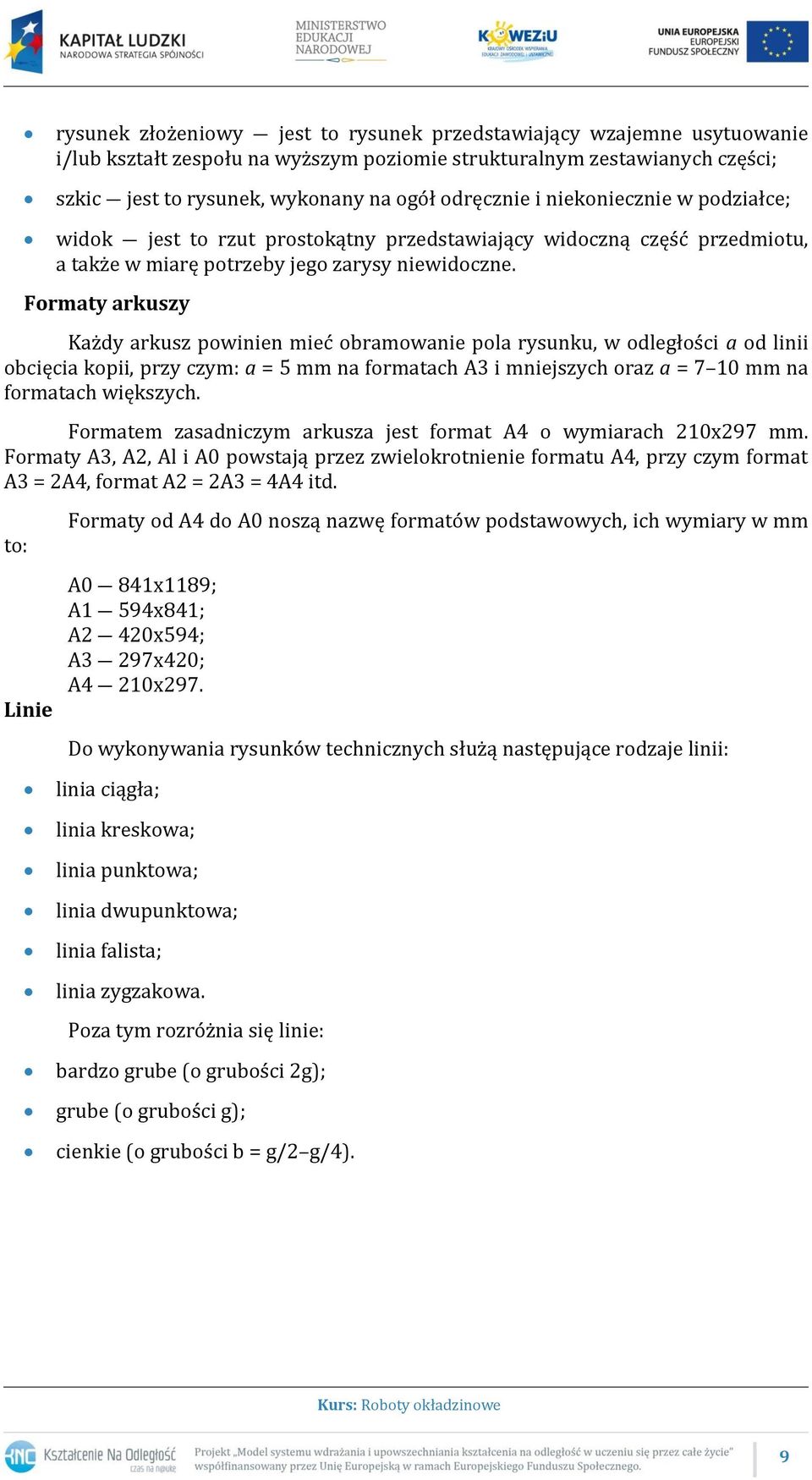 Formaty arkuszy Każdy arkusz powinien mieć obramowanie pola rysunku, w odległości a od linii obcięcia kopii, przy czym: a = 5 mm na formatach A3 i mniejszych oraz a = 7 10 mm na formatach większych.