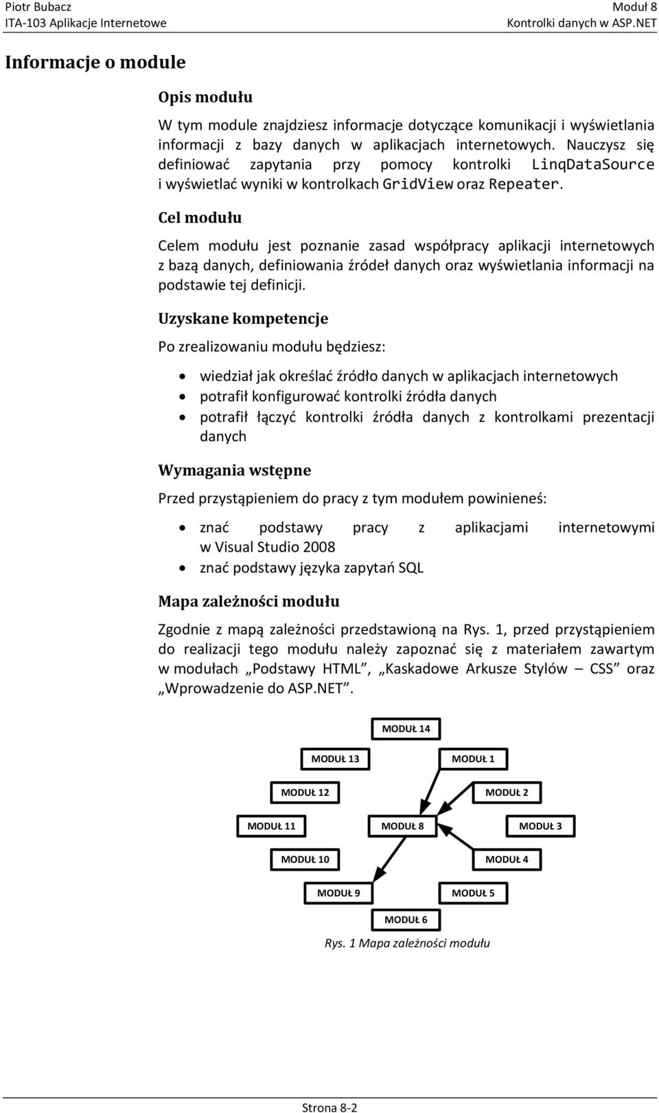 Cel modułu Celem modułu jest poznanie zasad współpracy aplikacji internetowych z bazą danych, definiowania źródeł danych oraz wyświetlania informacji na podstawie tej definicji.