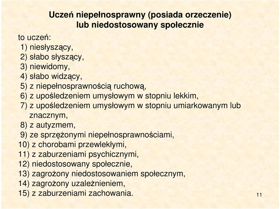 umiarkowanym lub znacznym, 8) z autyzmem, 9) ze sprzężonymi niepełnosprawnościami, 10) z chorobami przewlekłymi, 11) z zaburzeniami